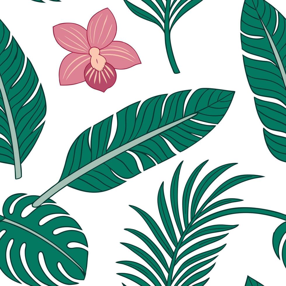 Watercolor tiles with cute banana leaves and orchids concept as Seamless watercolor tiles adorned with minimal cute banana leaves and exotic orchids creating a vibrant and tropical Clean Pro vector