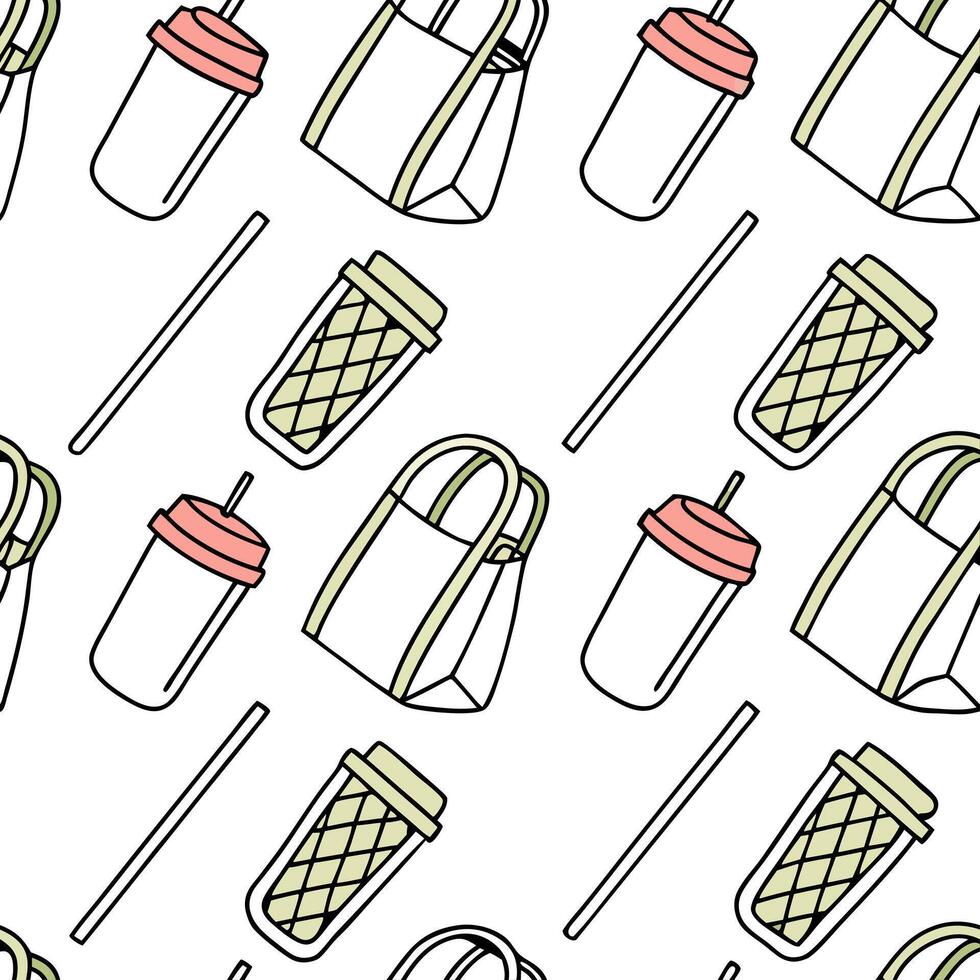 Watercolor tiles with zero waste icons concept as Seamless watercolor tiles showcasing various zero waste icons including reusable straws cloth bags and glass jars emphasizing a ze Clean Pro vector