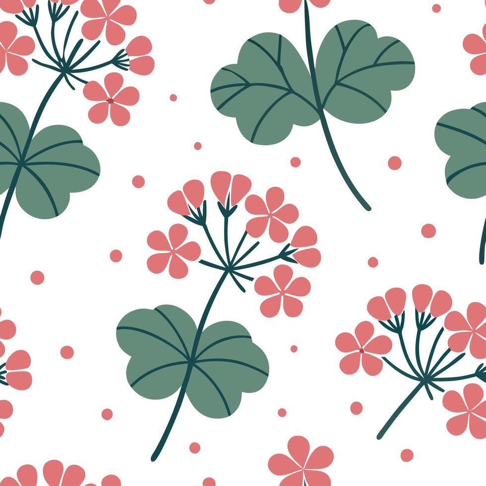 Whimsical geranium seamless pattern with playful elements and soft colors on white concept as Playful whimsical geraniums with soft pastel colors creating a fun seamless pattern id Clean Pro vector