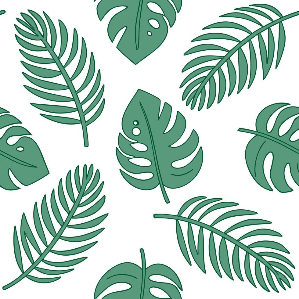 Whimsical tropical leaves seamless tile pattern with playful monstera and palm leaf characters and vibrant greens for children rooms concept as Playful monstera and palm leaf chara Clean Pro vector
