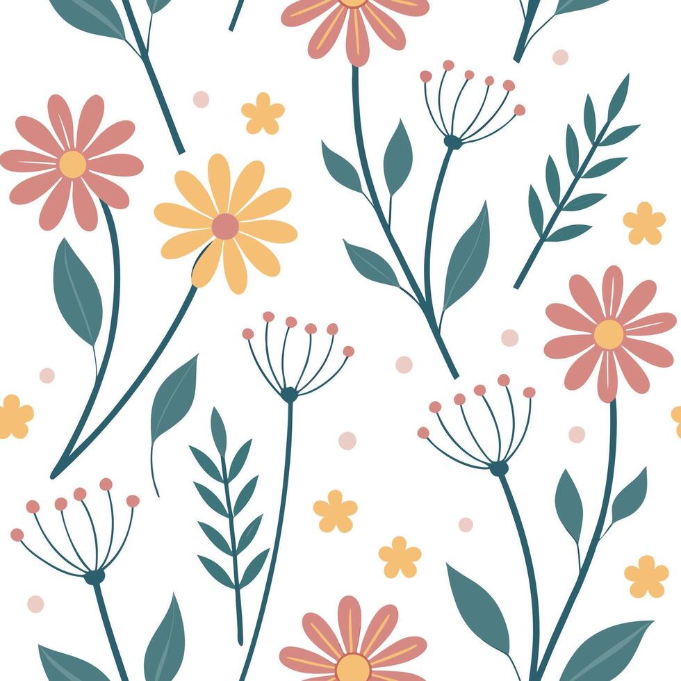 Whimsical summer flowers seamless pattern with playful shapes and bright colors for fun imaginative summer designs concept as Playful summer flower pattern with whimsical shapes an Clean Pro vector