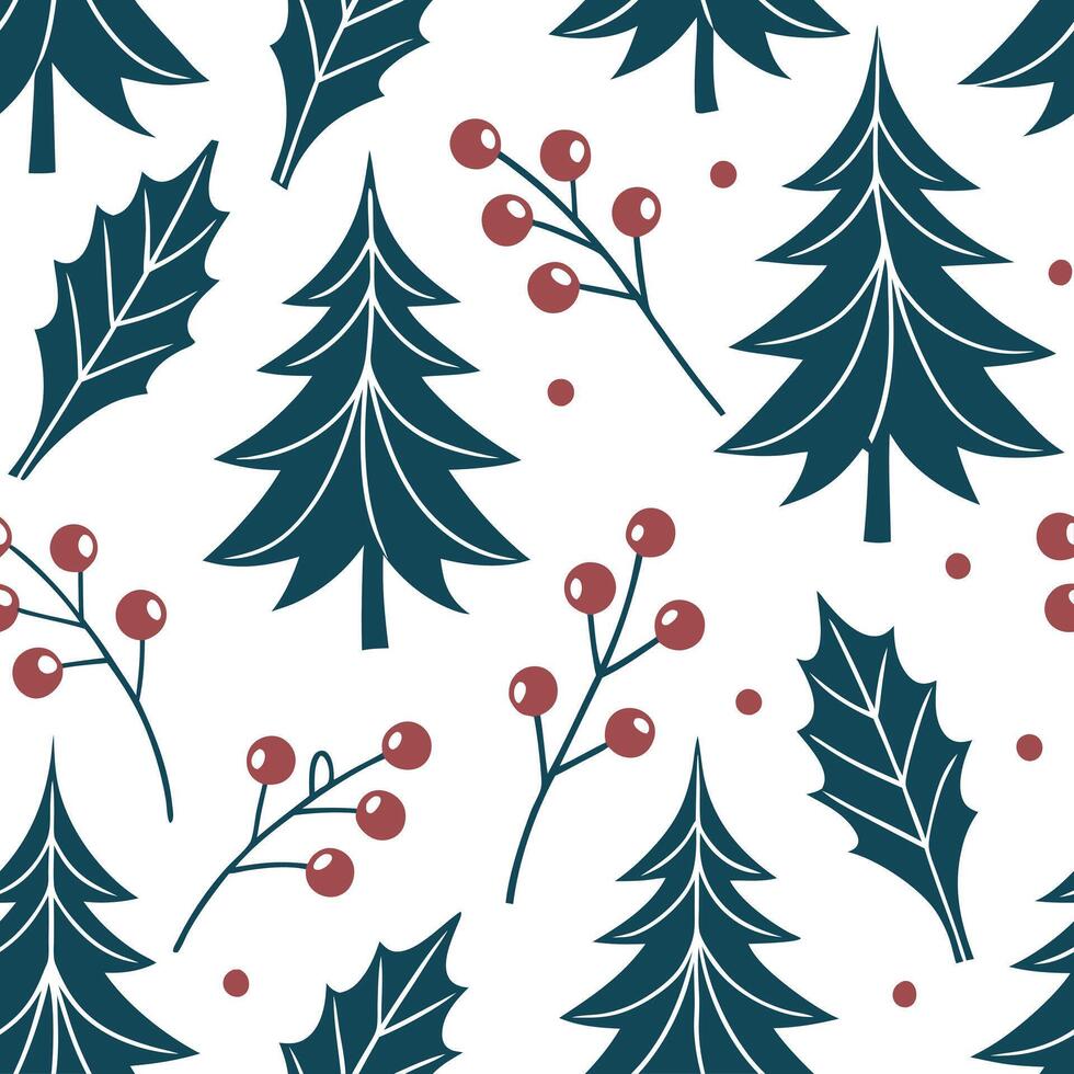 Winter seamless pattern with pine trees holly leaves and berries for a festive holiday design concept as Holiday winter pattern with pine trees holly leaves and berries for a festi Clean Pro vector