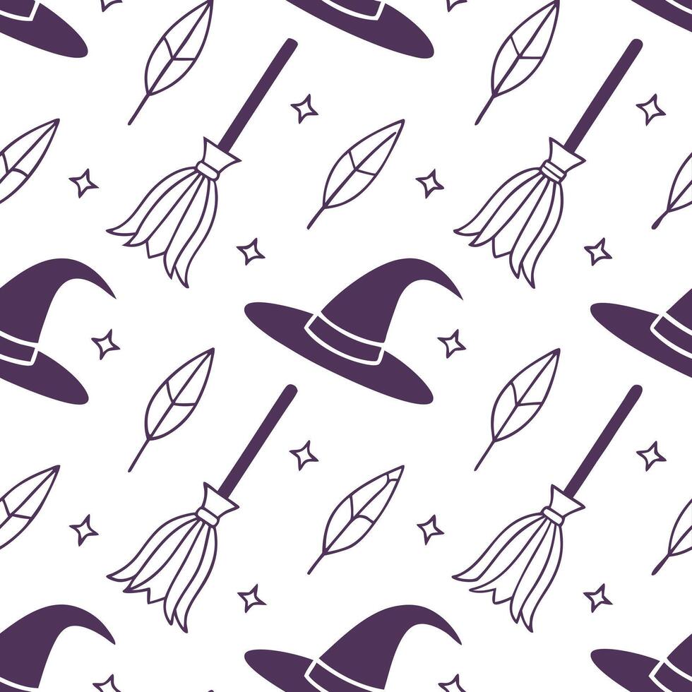 Witch hats and broomsticks seamless tile pattern with mystical elements and purple tones for magical home decor concept as Mystical witch hats and broomsticks arranged seamlessly w Clean Pro vector