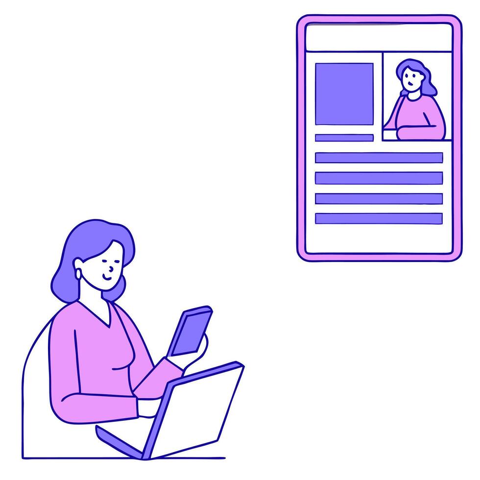Woman reads online news on smartphone and laptop emphasizing accessibility information sharing and staying updated through digital platforms concept as Highlights the convenience Clean Pro vector