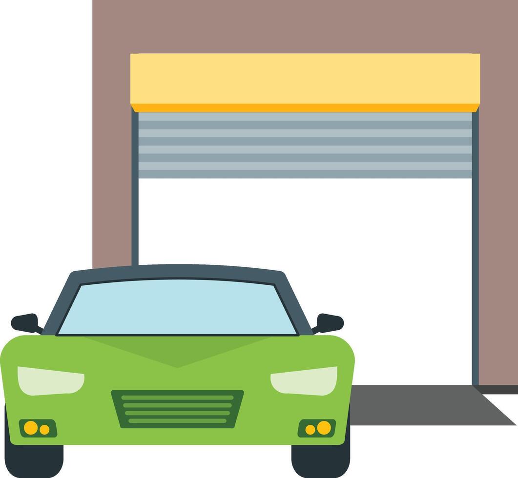 A green car is parked in front of a garage vector