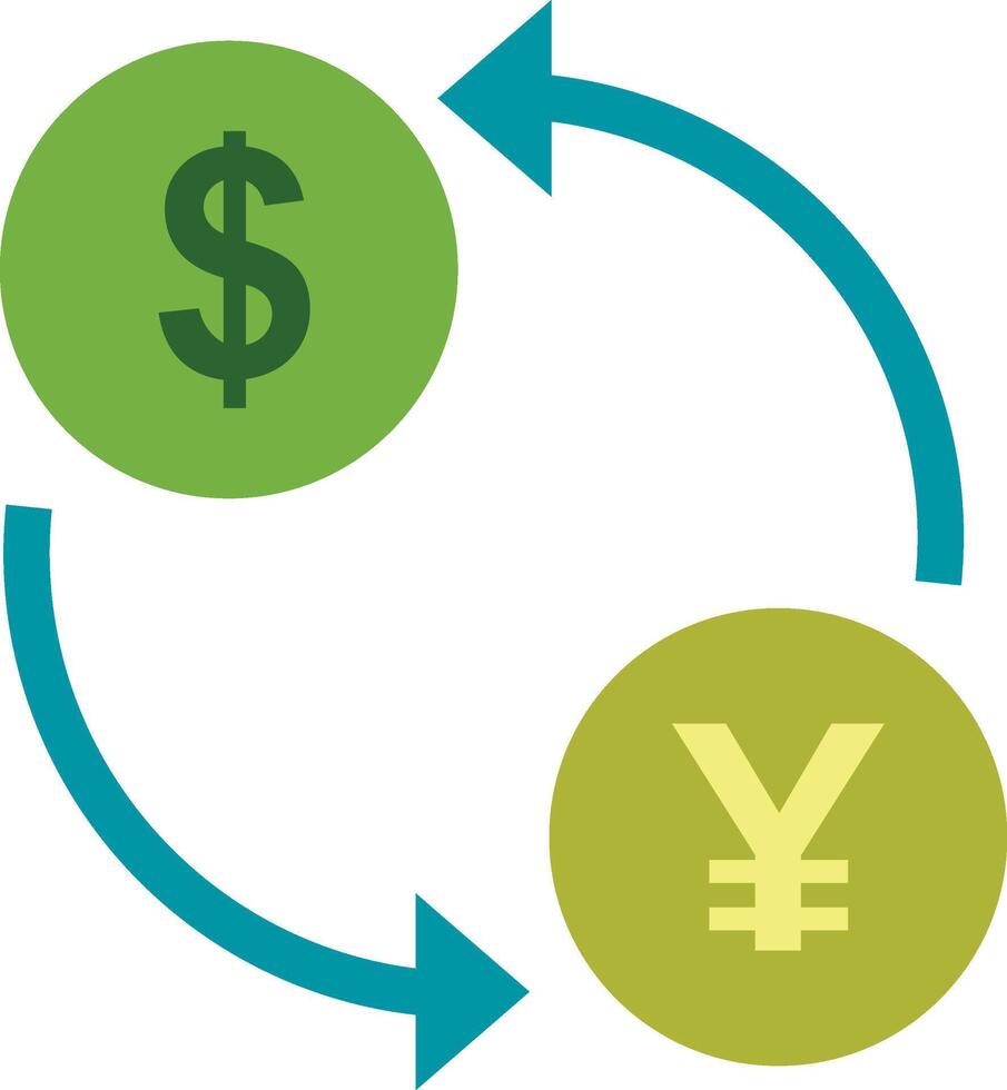 A dollar and yen symbol are shown in a circle vector