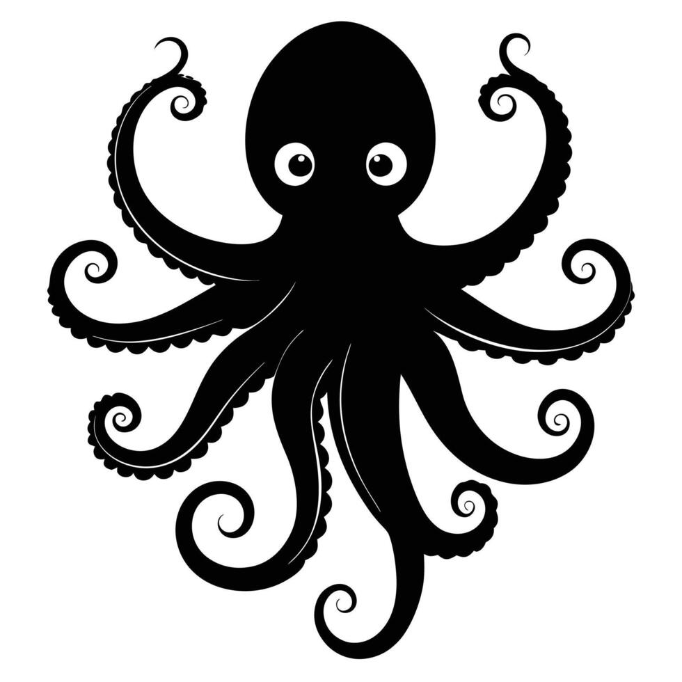 Black Octopus Silhouette With Curled Tentacles On White Background Illustration vector