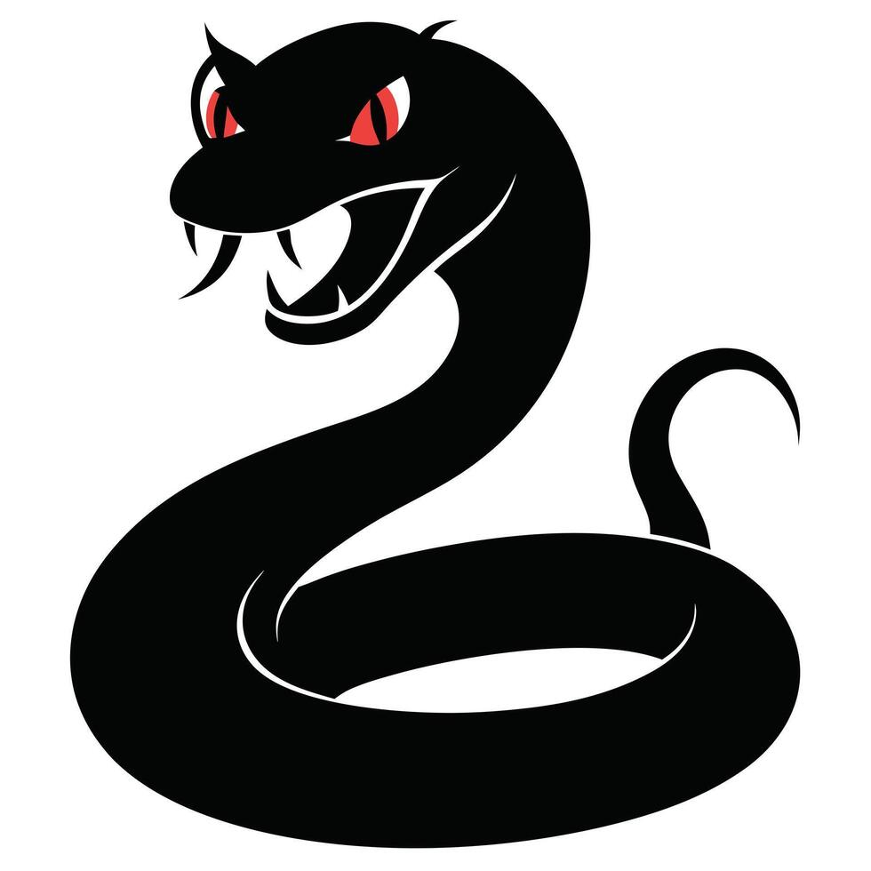 Cartoon Snake Illustration In Black With Red Eyes Isolated On White Background vector