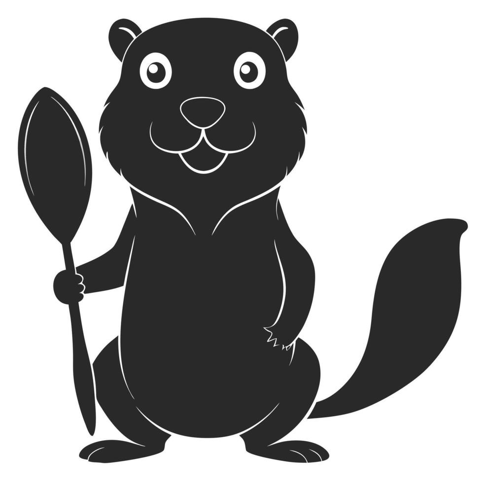 Cartoon Beaver Silhouette Holding A Spoon Ready For A Meal Image vector