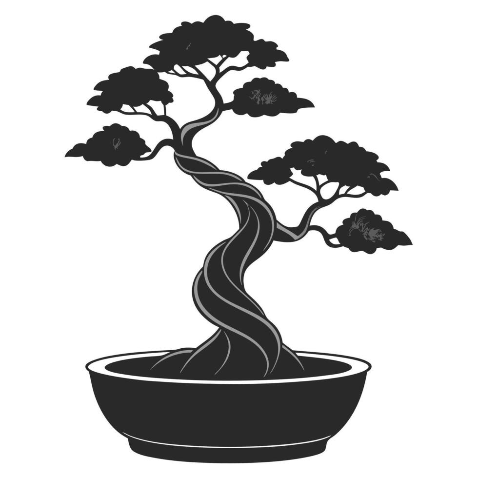Elegant Black And White Bonsai Tree In Pot Minimalist Illustration vector