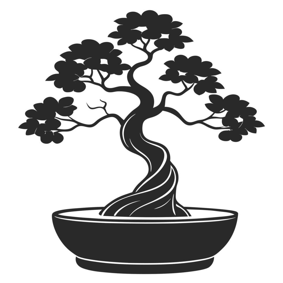 Minimalist Black Bonsai Tree In Pot Isolated On White Background vector