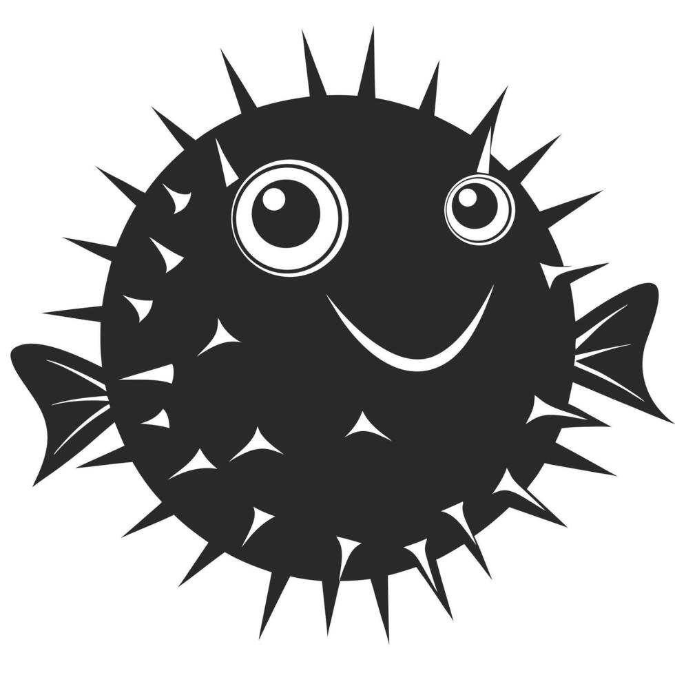 Cute Spiky Pufferfish Cartoon Illustration In Black And White Minimal Style vector