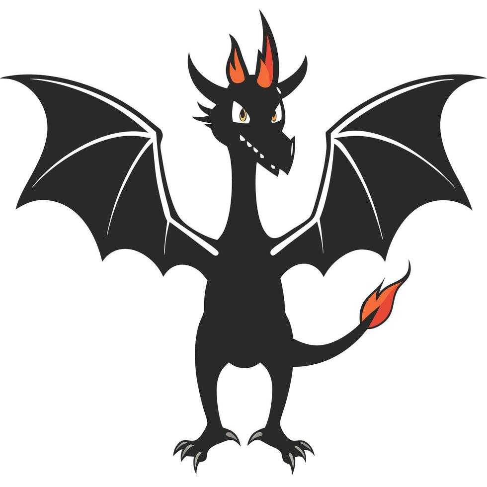 Cartoon Black Dragon Illustration With Fiery Tail And Orange Horns Standing vector