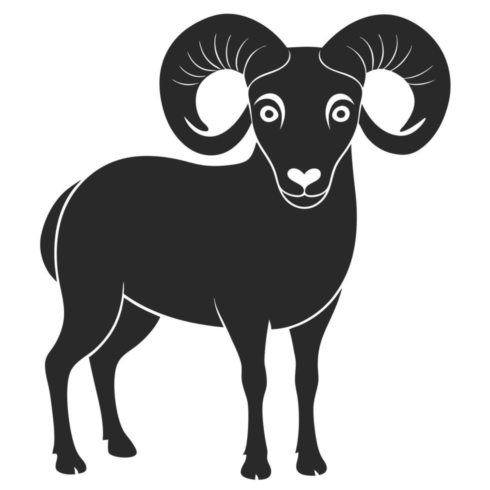 Isolated Black Silhouette Of A Ram With Large Horns On White Background vector