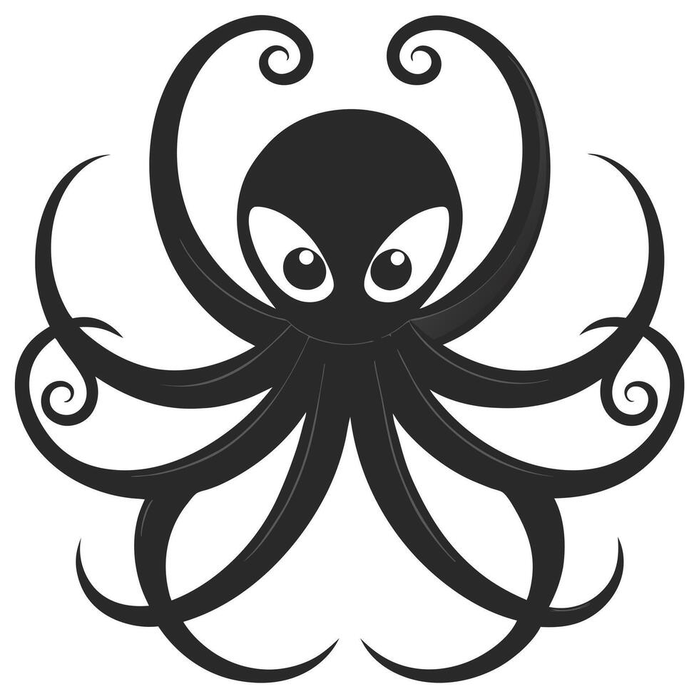 Black Octopus Cartoon With Swirls And Large Eyes Isolated On White vector