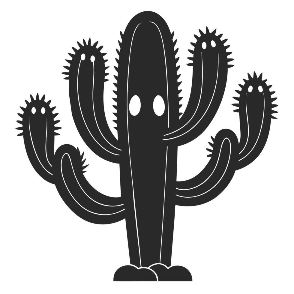 Spooky Cartoon Cactus Silhouette With Spikes And Eyes Isolated On White vector