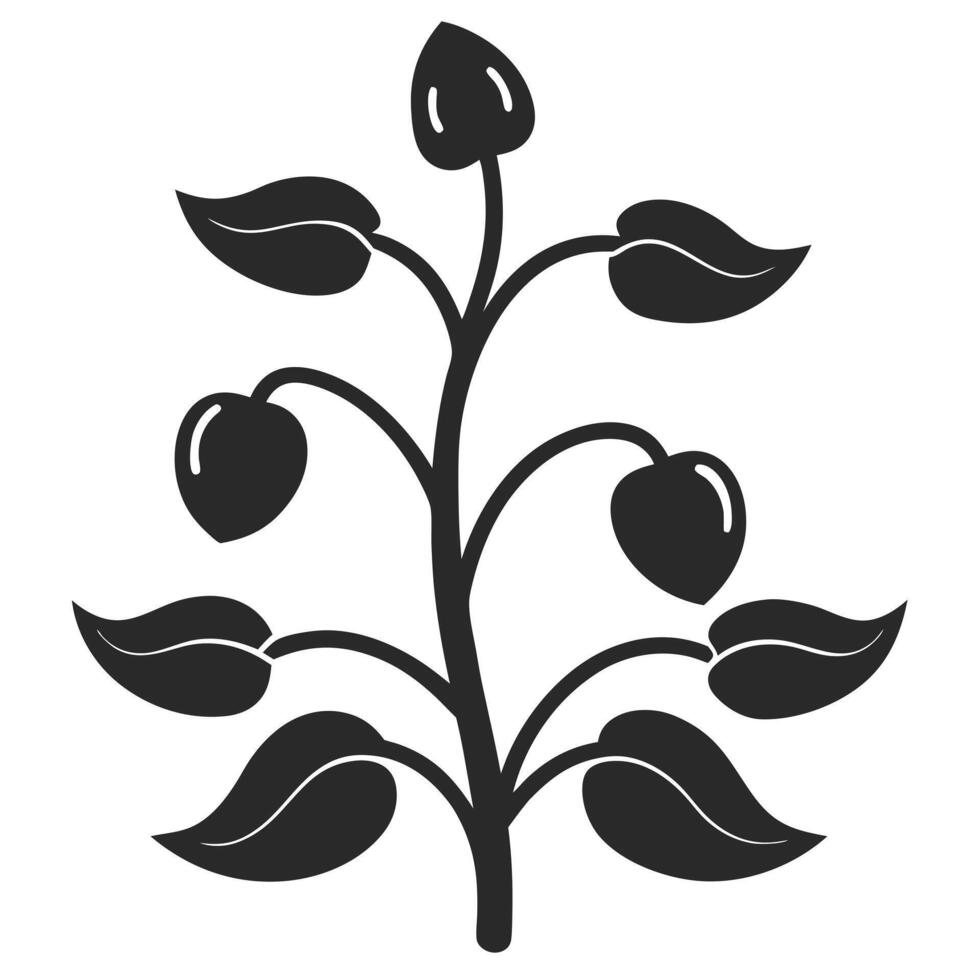 Elegant Black Silhouette Of Leafy Branch With Buds And Berries On White vector