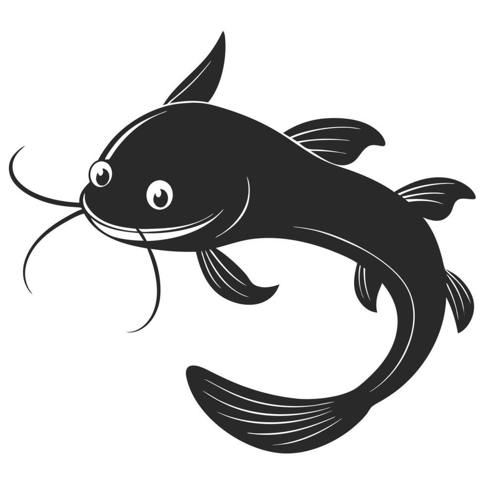 Monochrome Illustration Of A Smiling Cartoon Catfish With Whiskers vector