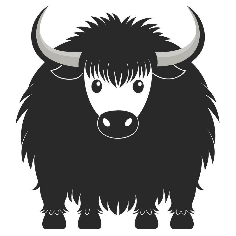 Monochrome Illustration Of A Furry Yak With Horns Isolated On White Background vector