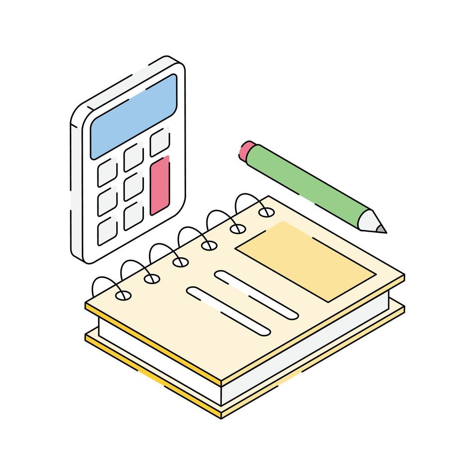 Math study book and calculator with pencil, isometric icon vector