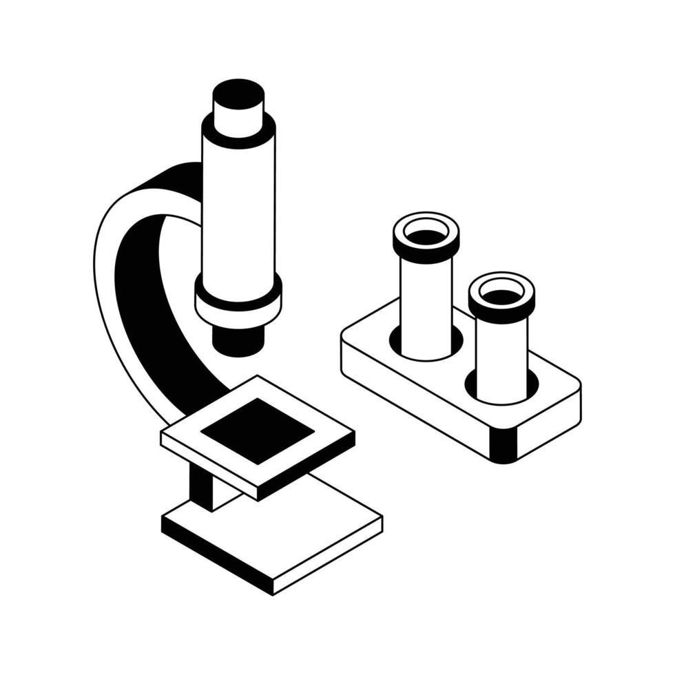 Lab microscope with vial stand, icon designed in isometric outline style. vector