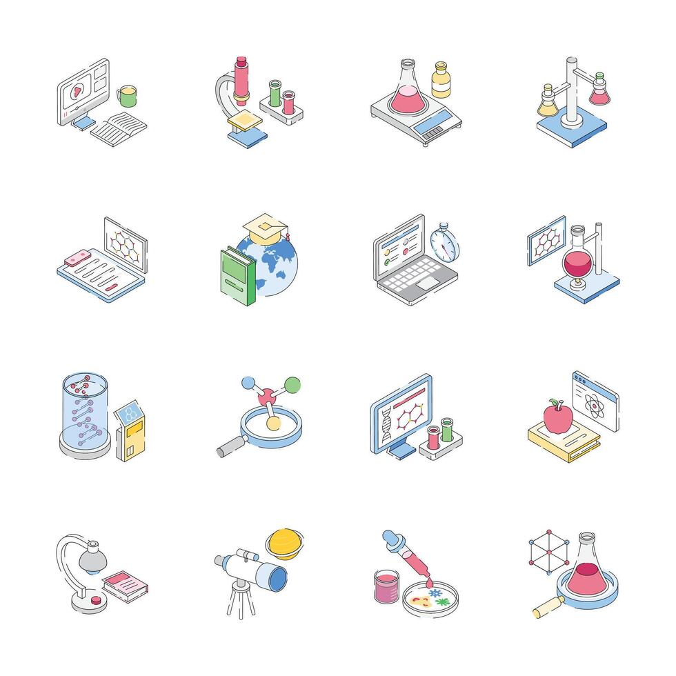 Get this amazing isometric collection of science and lab experiment icons vector