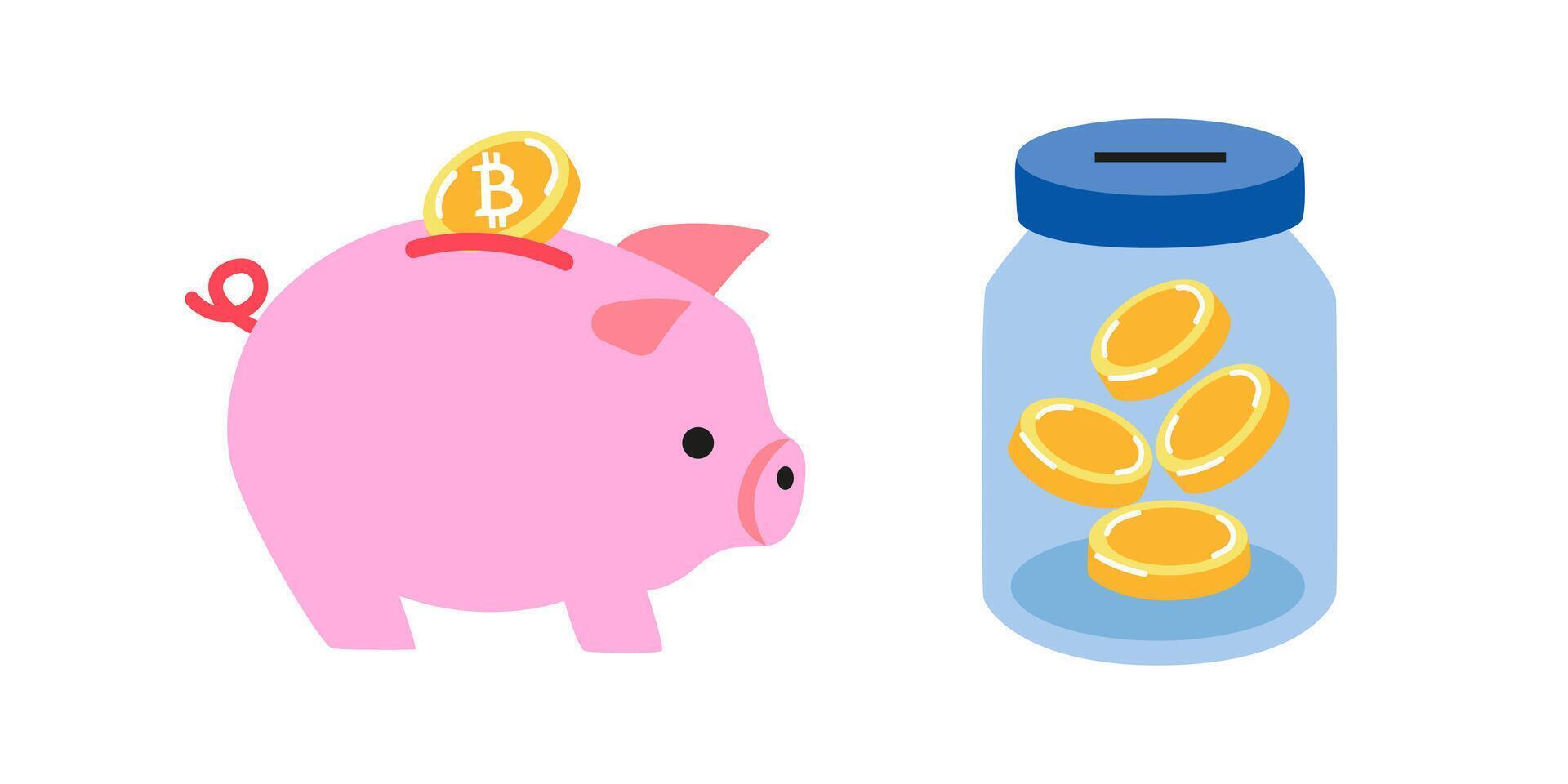 Set of piggy banks with gold coins. Investments, safe keeps gold coins. Keep and accumulate cash savings. Safe finance investment. Business concept. cartoon illustration vector
