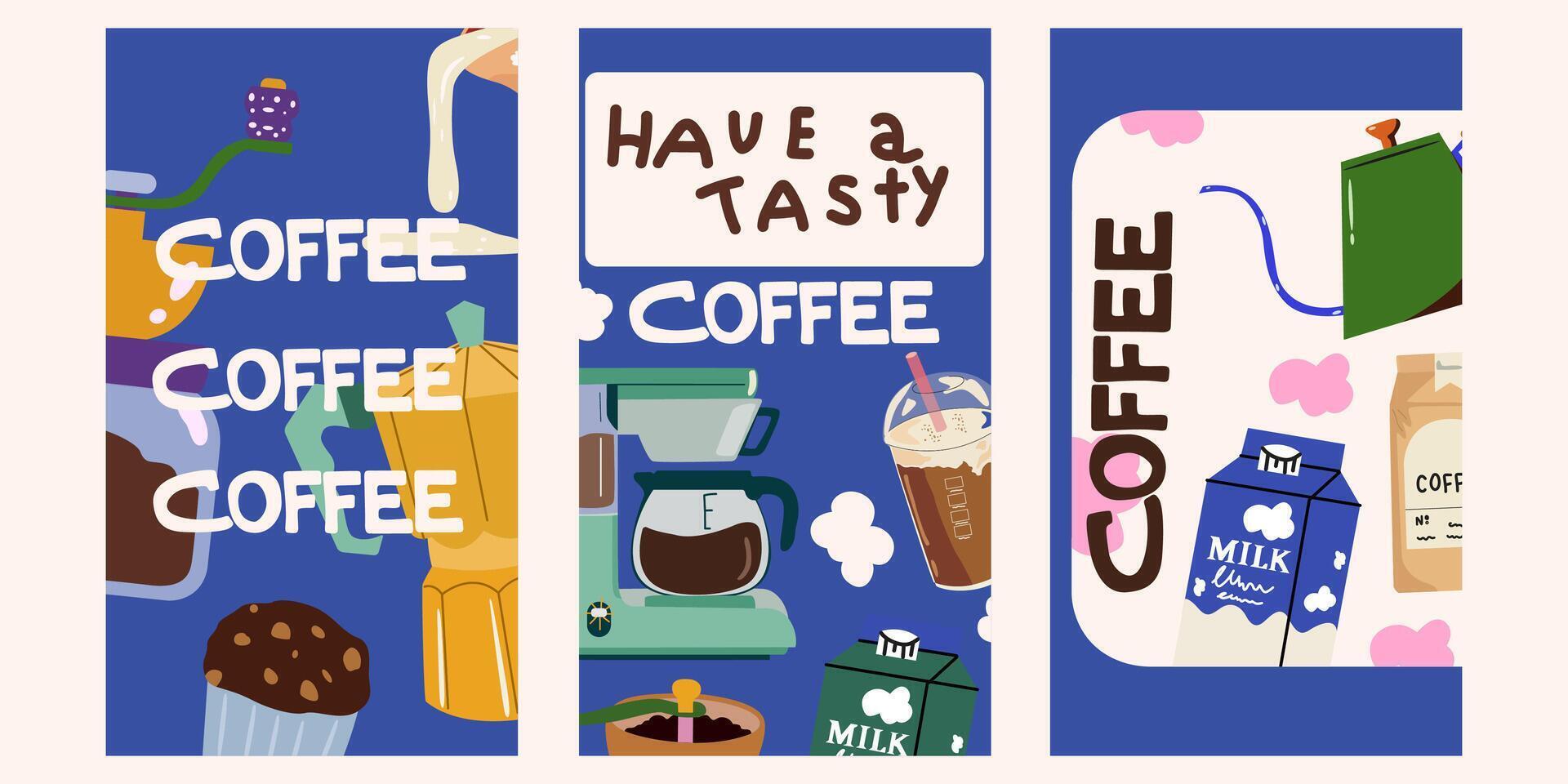 Coffee lover cartoon posters collection. Set of coffee vertical banners template designs with mugs, coffee machine, milk, sweets vector