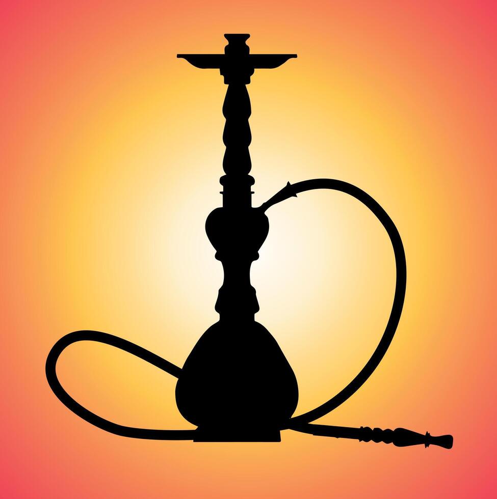 Silhouette of Hookah with a Glowing Sunset Background. A black silhouette of a hookah placed against a vibrant sunset gradient background. vector