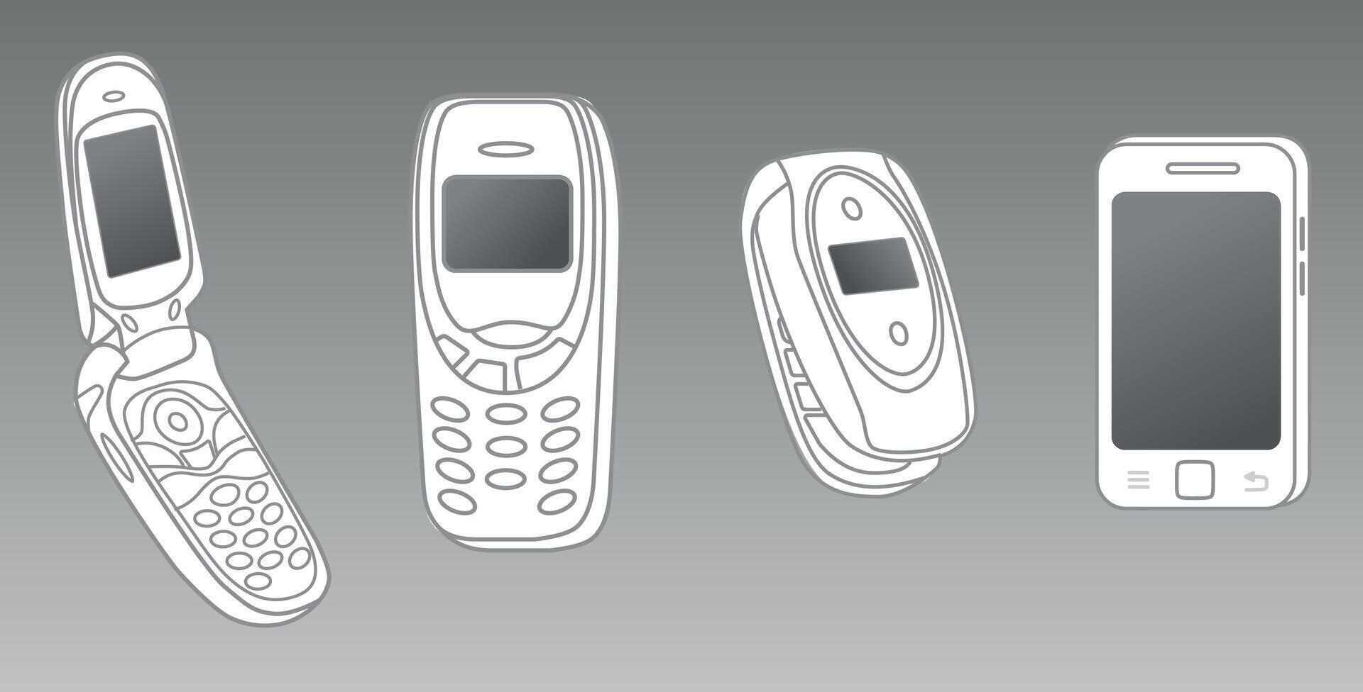 Retro Mobile Phones and Modern Smartphone. A grayscale digital illustration showcasing a timeline of mobile phones, from early button phones to a modern touchscreen smartphone. vector