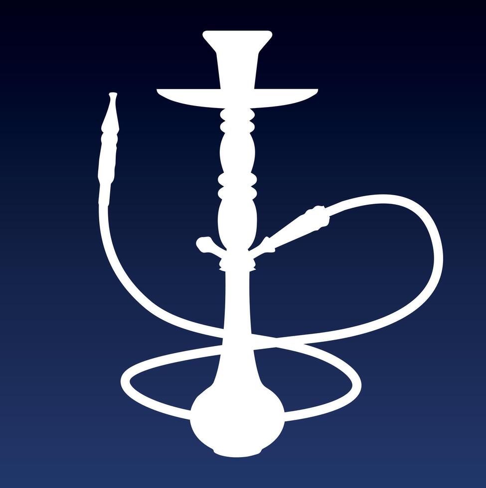 White Hookah Silhouette on Dark Blue Gradient. A clean and modern white silhouette of a traditional hookah with a hose, placed against a dark blue gradient background. vector