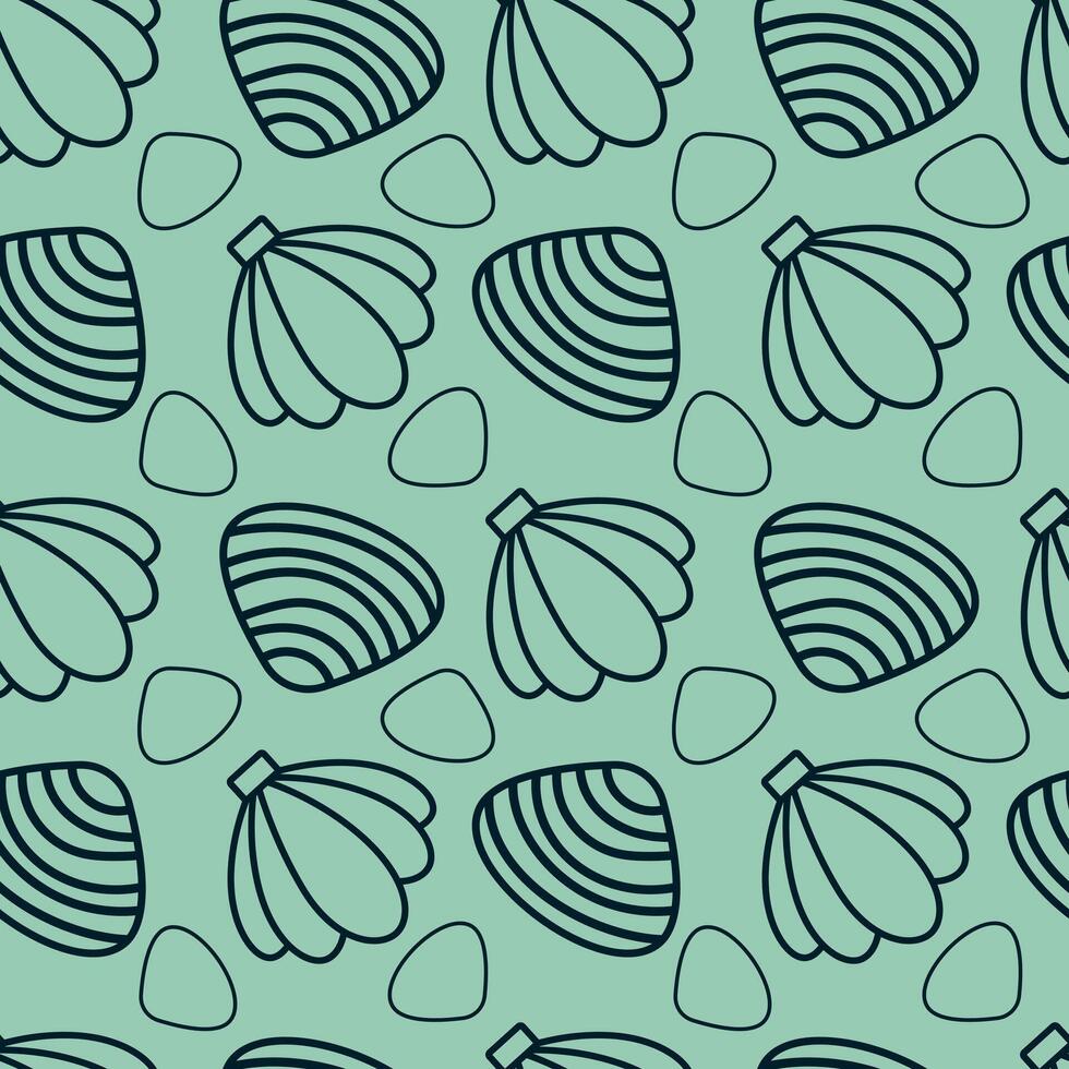Seashell seamless pattern. Outlined seashells and geometric shapes in a harmonious layout. Ideal for textile or wallpaper design. vector