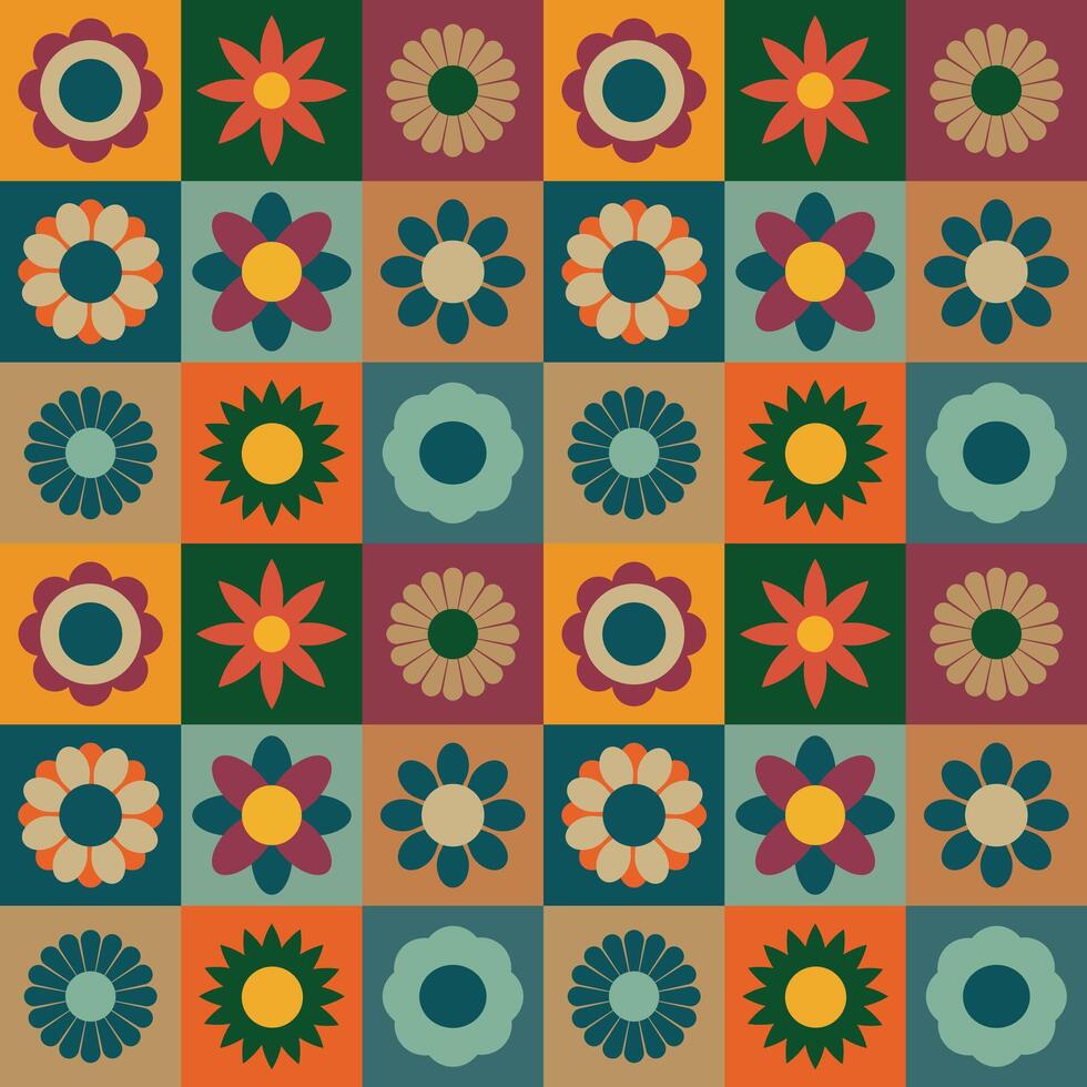 Retro Floral Geometric Seamless Pattern. The design features colorful, abstract flower shapes arranged in a grid format. Ideal for textiles, wallpapers, and decor. vector