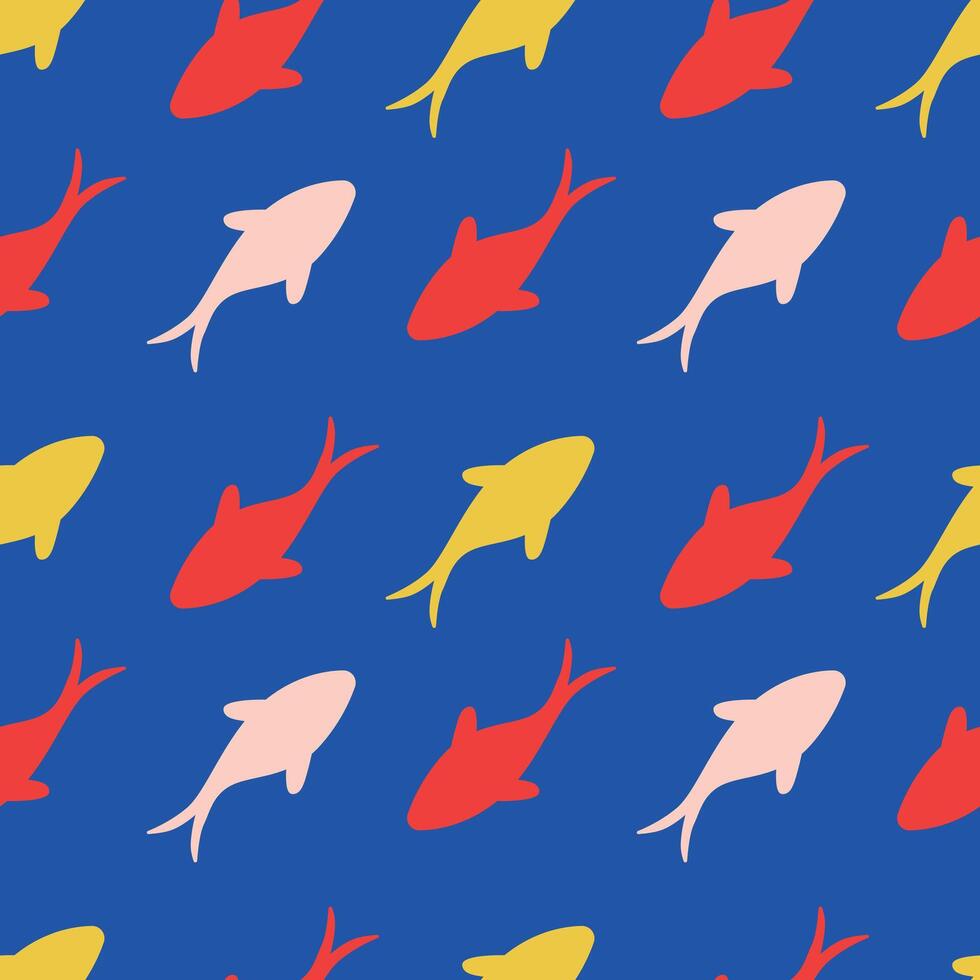 Seamless illustration featuring a repeating pattern of colorful shark silhouettes on a vibrant blue background. Perfect for creative textile, wallpaper, and graphic design projects vector