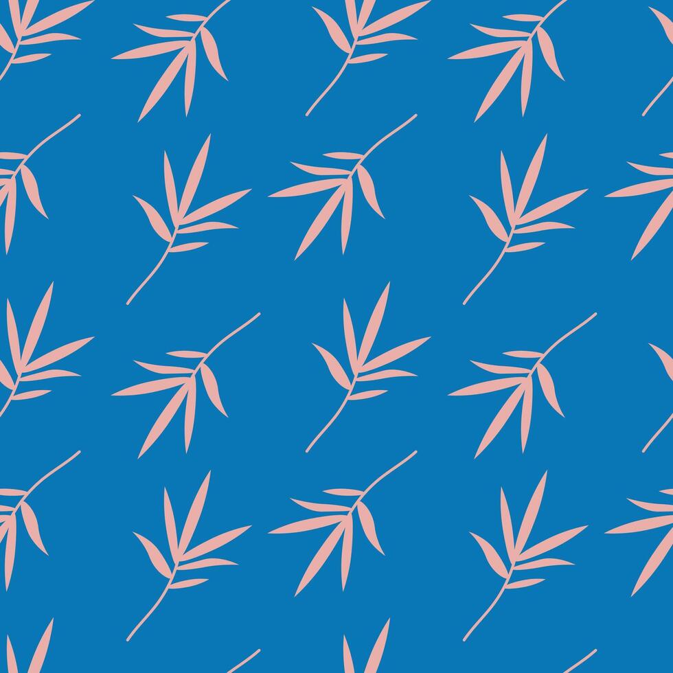 illustration of a seamless pattern featuring bamboo leaves in soft pink on a vibrant blue background. Ideal for wallpaper, fabric design, or digital projects vector