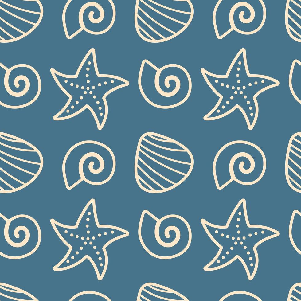 Nautical seamless pattern featuring starfish and seashells. Hand-drawn illustration with a blue background. Ideal for marine decorations and beach-inspired projects vector