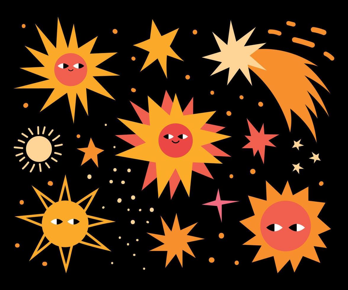 Whimsical Sun and Star Illustration with Faces. Big set. Sun and star designs with expressive faces. Various celestial bodies including shooting stars and constellations on a dark background vector