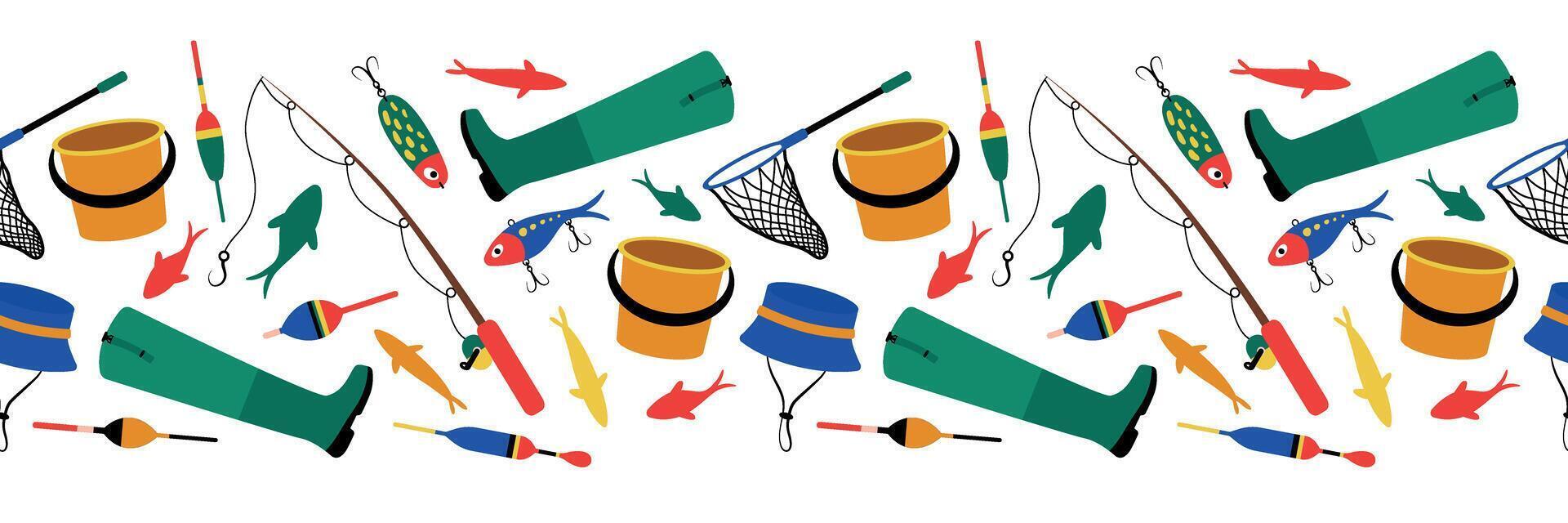 Fishing Gear seamless border. Colorful fishing gear, including rods, buckets, fish, nets, and boots, ideal for outdoor and fishing-themed designs vector