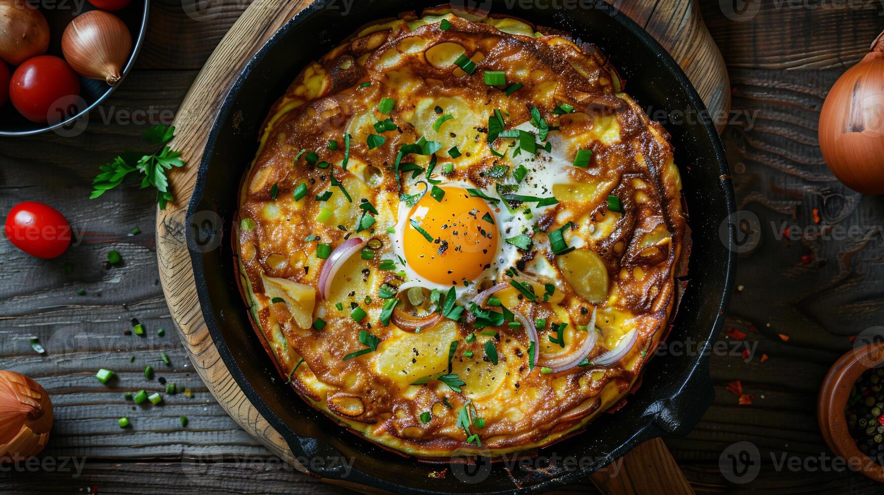 Vibrant Spanish tortilla from Europe with fluffy eggs potatoes and onions captured in a dynamic high resolution traditional culinary art style photo