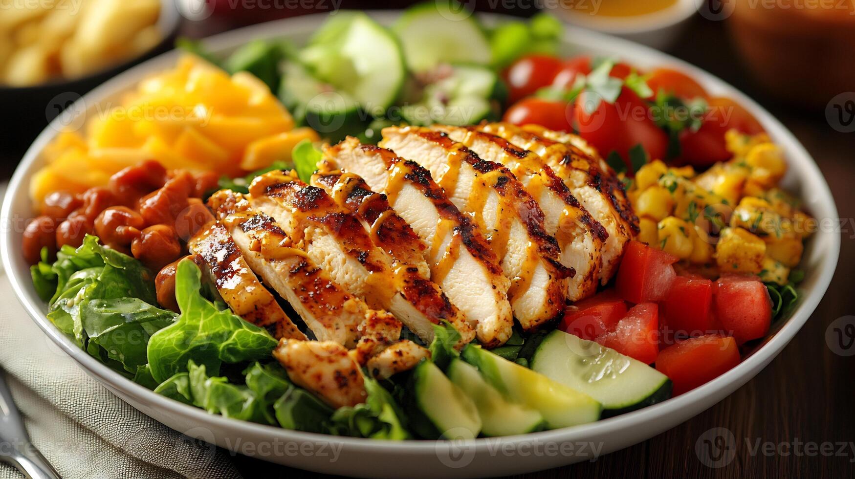 Fresh Cobb salad from USA with colorful vegetables tender chicken and zesty dressing styled in a dynamic high resolution gourmet presentation photo