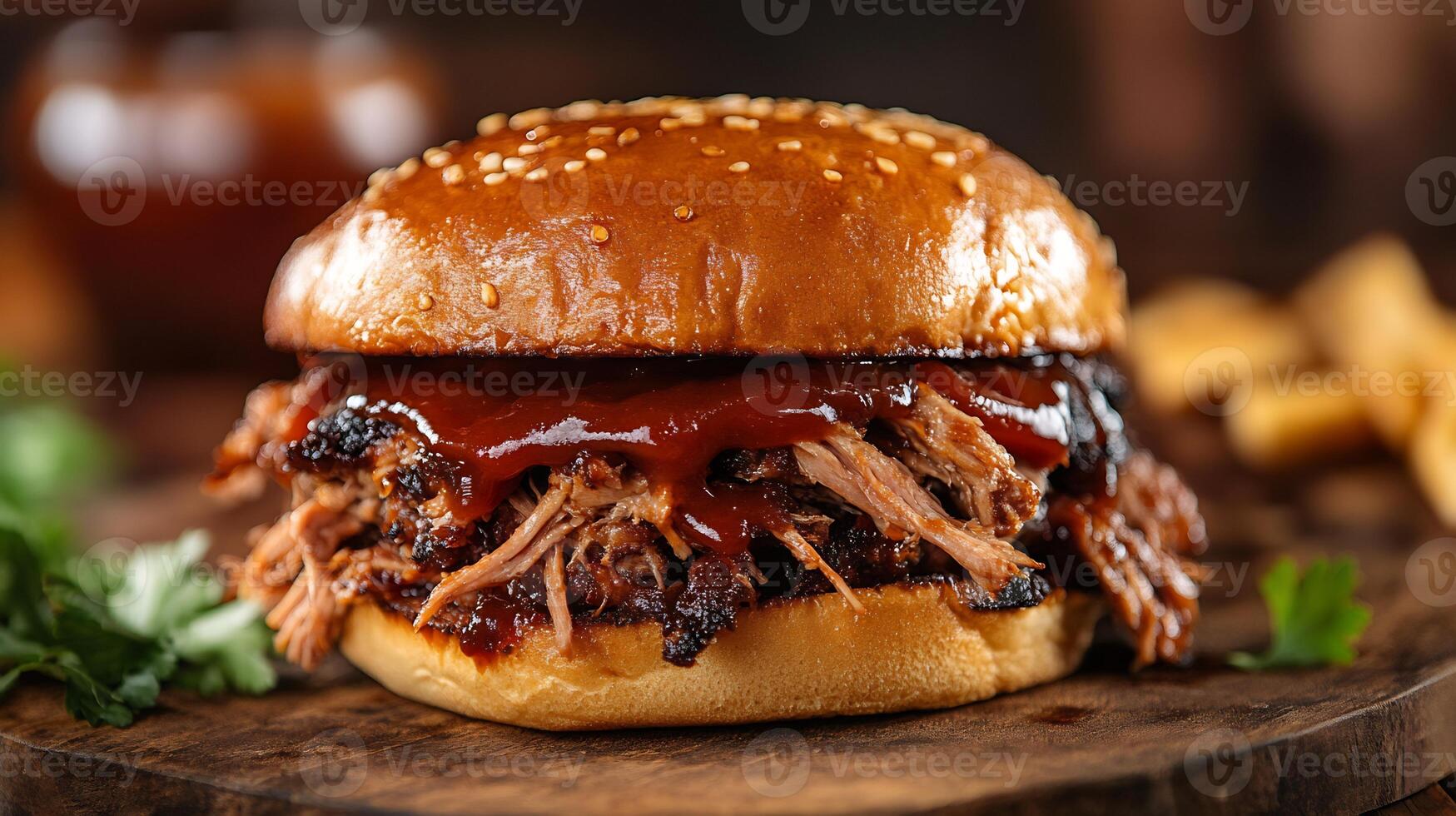Sumptuous plate of pulled pork sandwich from USA with tender smoky meat and tangy barbecue sauce styled in a modern gourmet high resolution food art photo