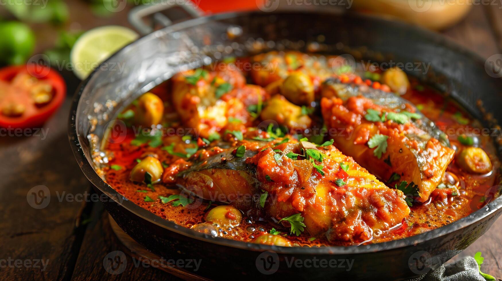 Serving of spicy malabar fish curry from India with bold flavors and a vibrant red sauce captured in a dynamic high resolution street food photography style photo