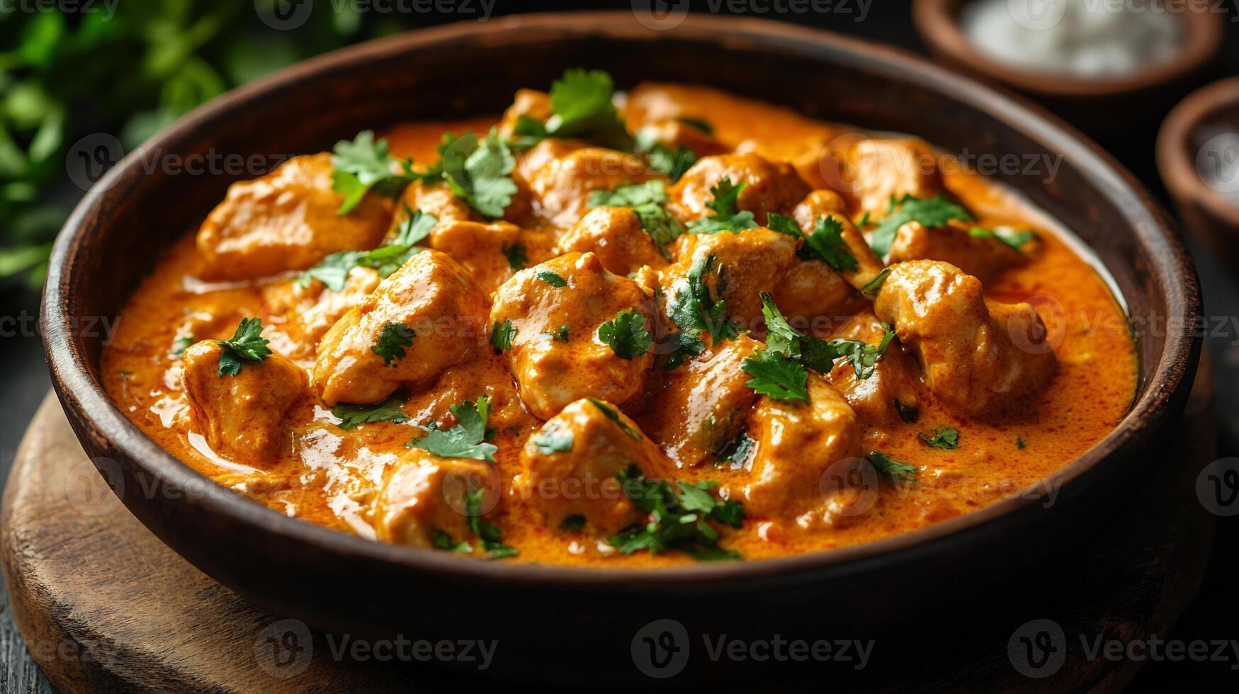 Rich bowl of butter chicken from India with creamy tomato sauce and tender chicken pieces styled in a vibrant high resolution traditional food photography scene photo