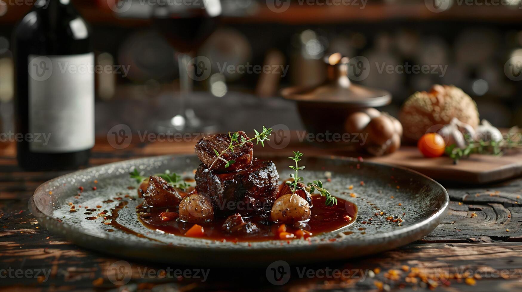 Plate of rustic French boeuf bourguignon from Europe with tender beef simmered in red wine styled in a dynamic high resolution traditional gourmet food photography scene photo