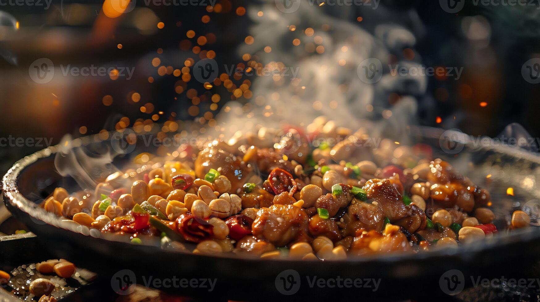 Sizzling plate of Kung Pao chicken from China with a bold spicy flavor and crunchy peanuts captured in a vibrant high resolution street food photography style photo