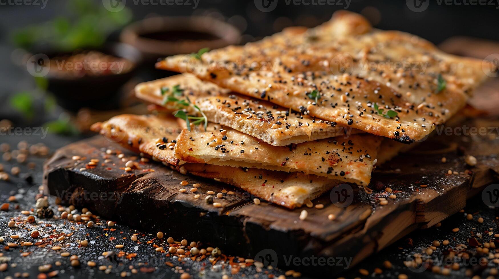 Creative serving of Turkish flatbread with zaatar from Turkey with a crisp texture and aromatic herbs styled in a dynamic high resolution traditional culinary photography scene photo