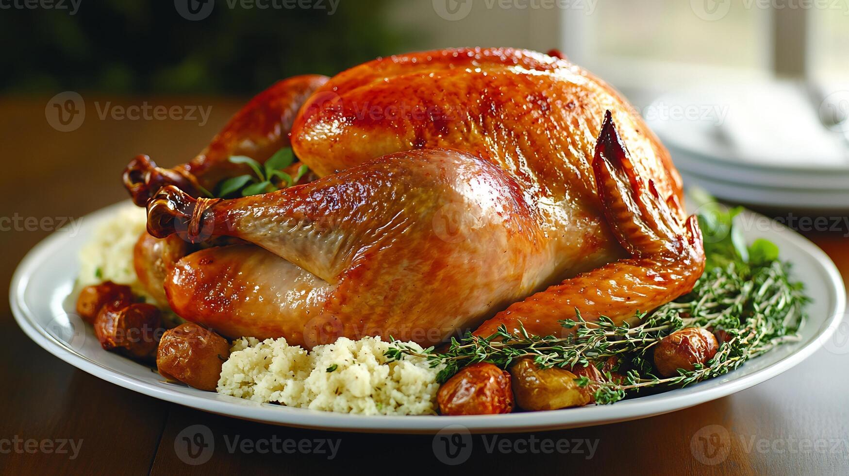 Plate of rustic roast turkey from Canada with a golden crispy skin and herb accents captured in a refined high resolution homestyle culinary art style photo