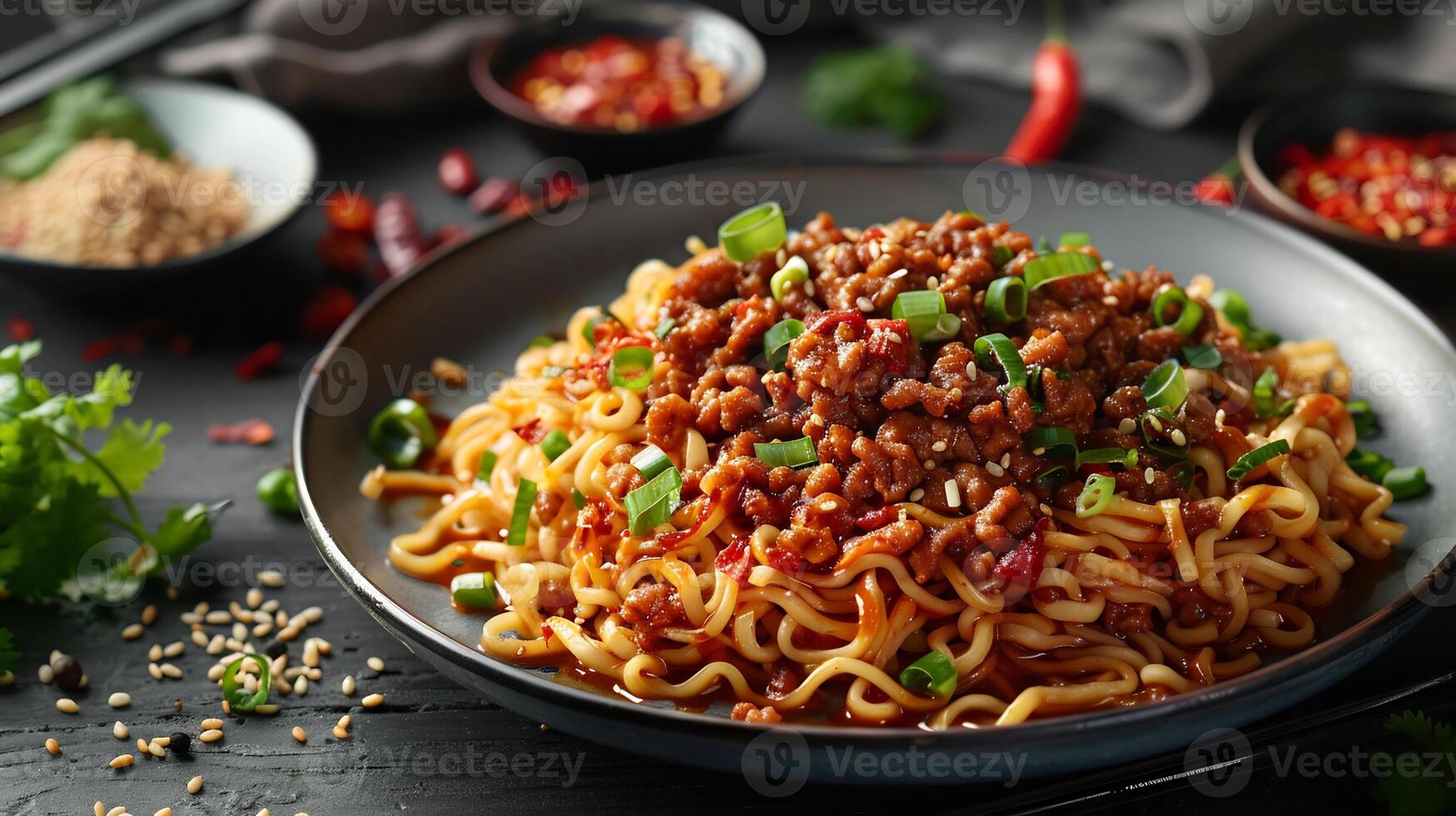 Plate of spicy dan dan noodles from China with a bold chili sauce and crunchy toppings styled in a dynamic high resolution gourmet food art composition photo
