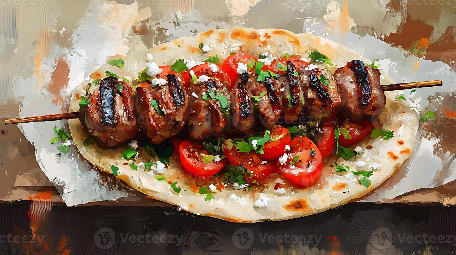 Traditional Greek souvlaki from Europe with marinated grilled meat and fresh pita captured in a vibrant high resolution street food culinary art style photo
