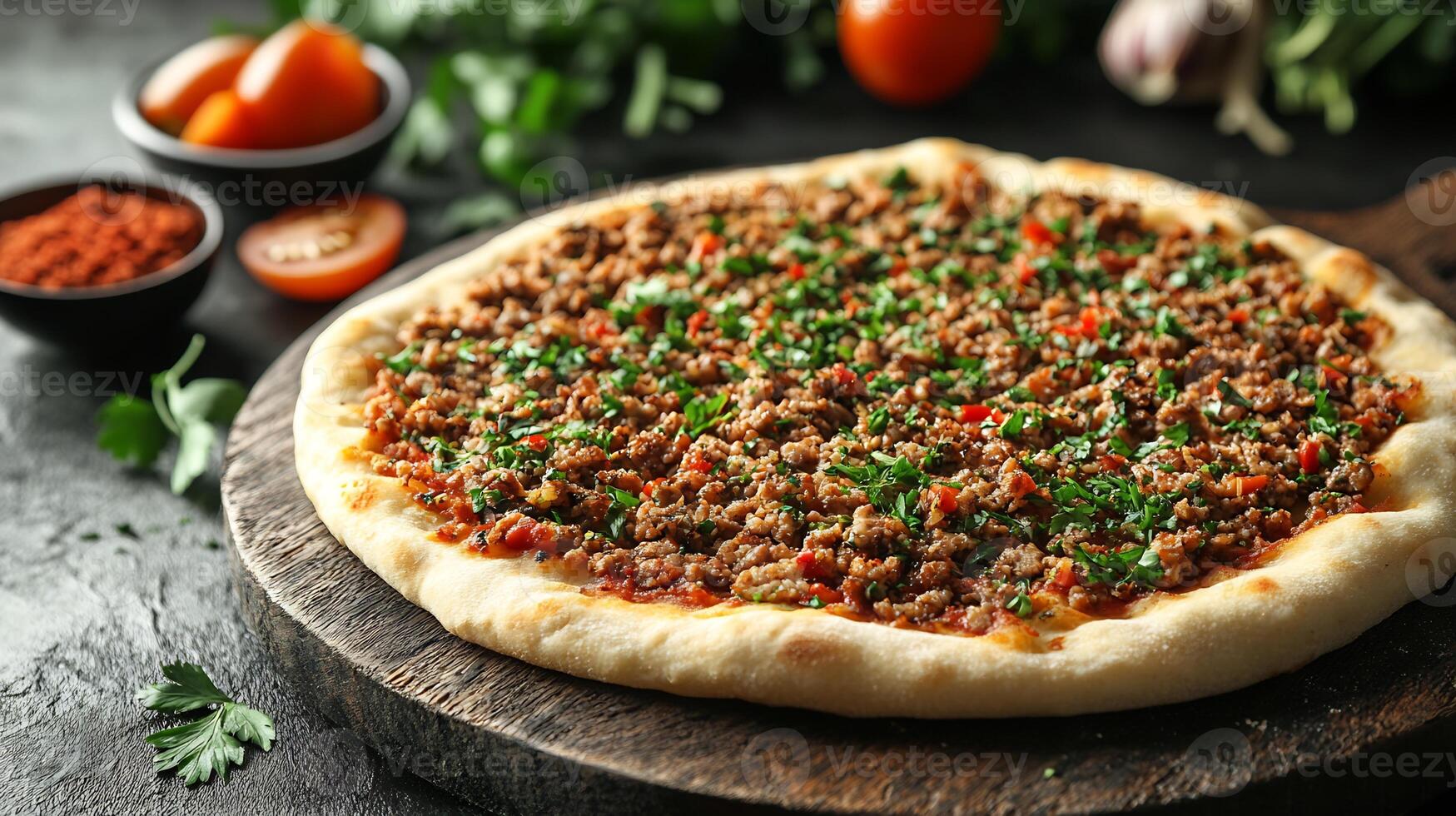 Delicious serving of Turkish lahmacun from Turkey with a thin crispy crust and savory minced meat topping styled in a dynamic high resolution traditional culinary art scene photo
